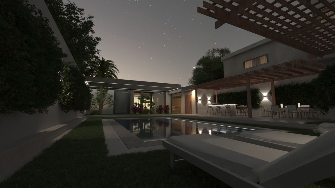 Piscina y pérgola, visualización nocturna