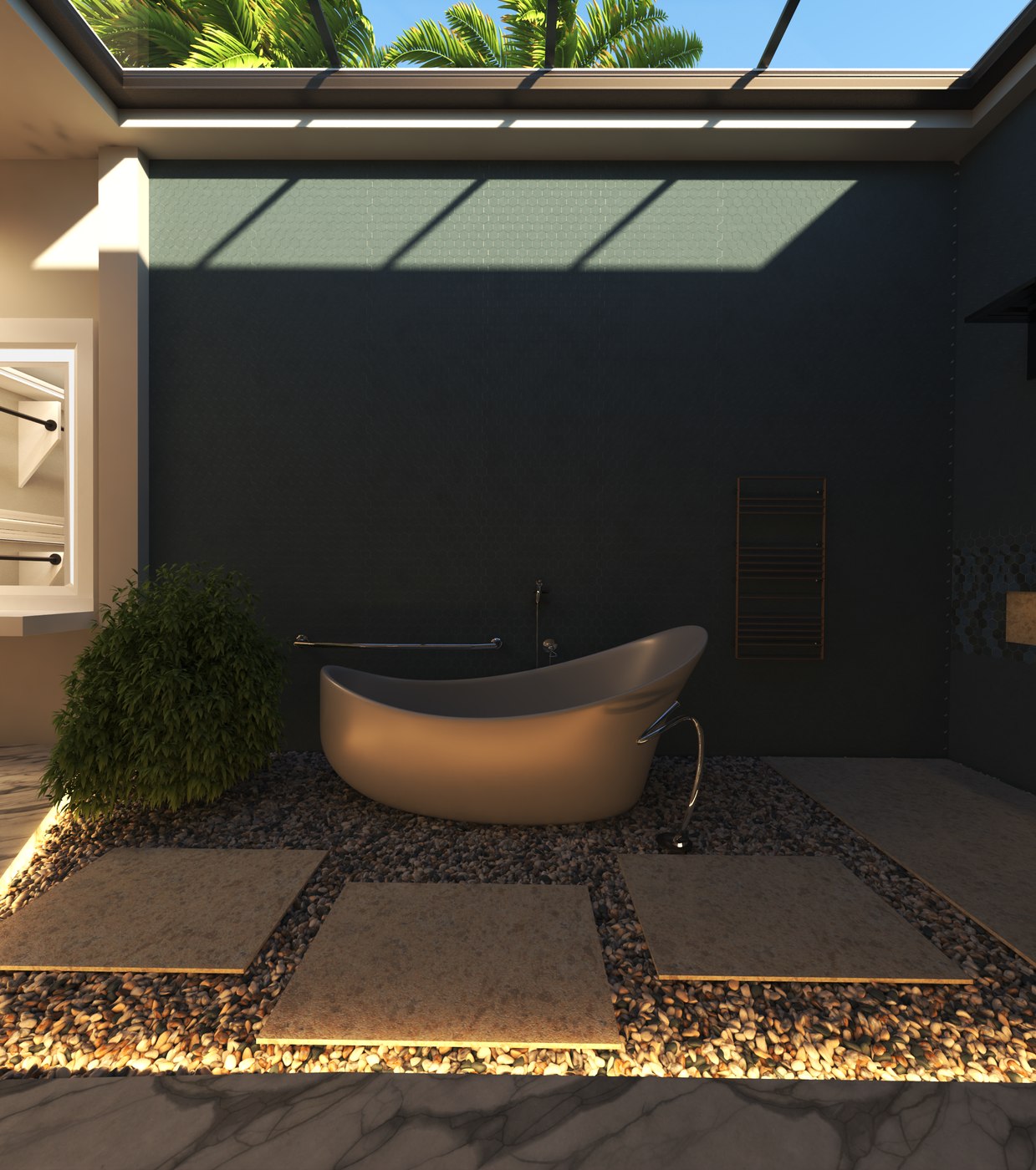 Baño exterior, bañera exenta bajo techo corredizo