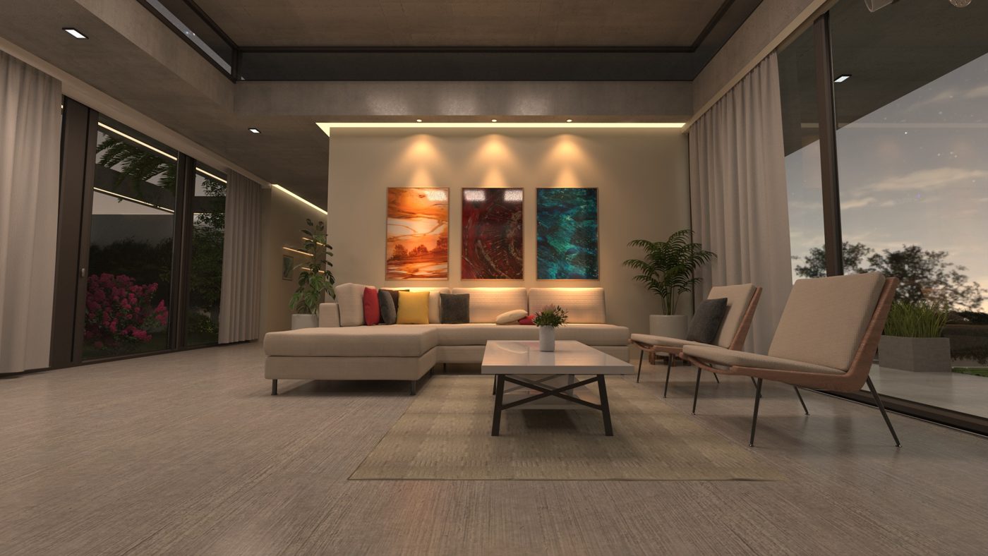 Sala de estar, cuadros y sofá modular