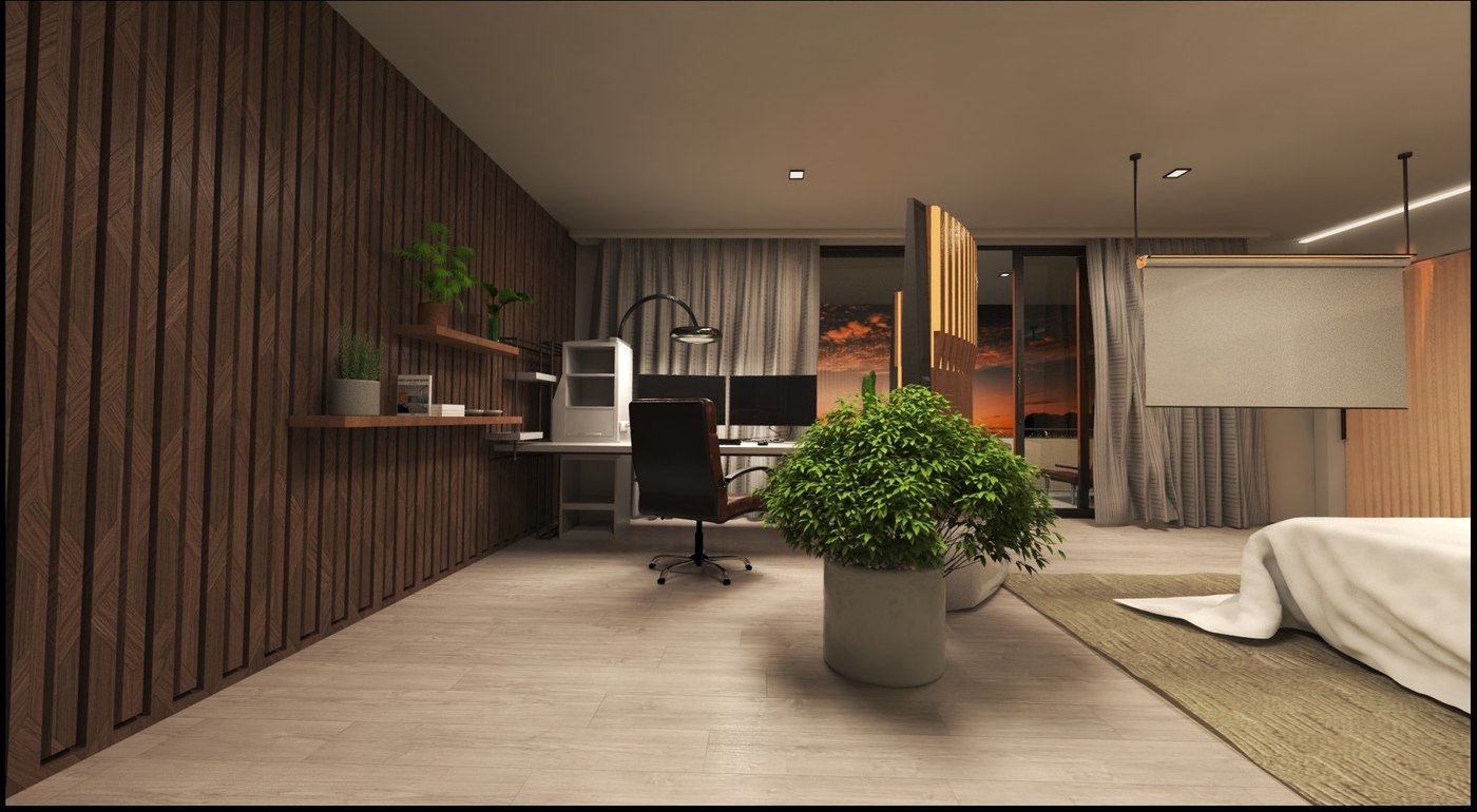 Estudio, escritorio con vista al atardecer
