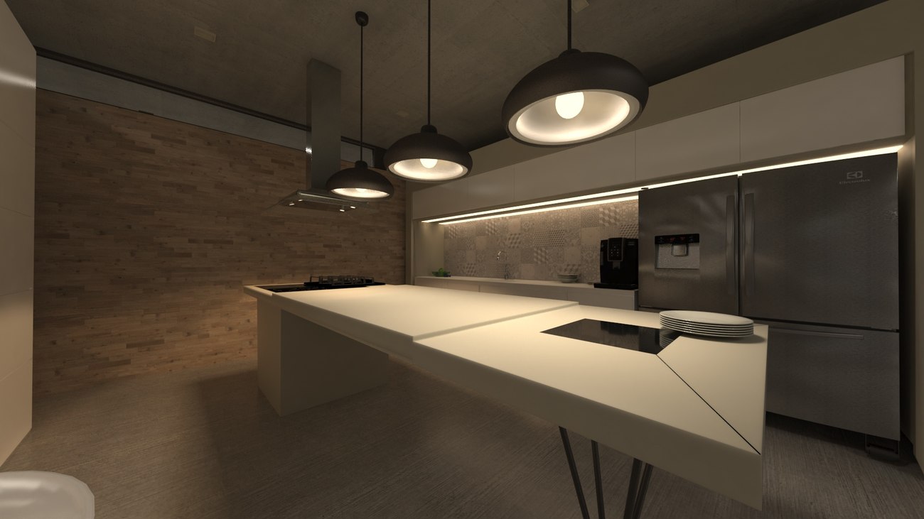 Cocina, isla central con electrodomésticos