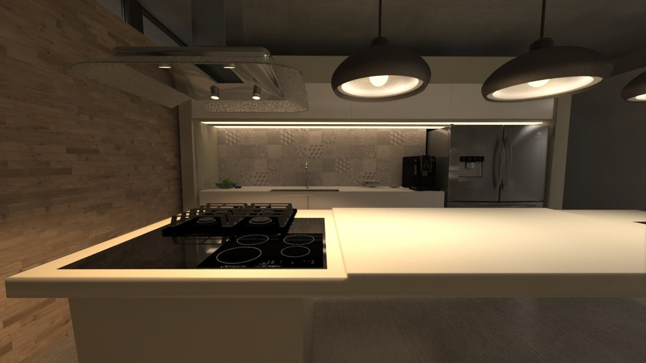 Cocina, detalle de encimera y campana