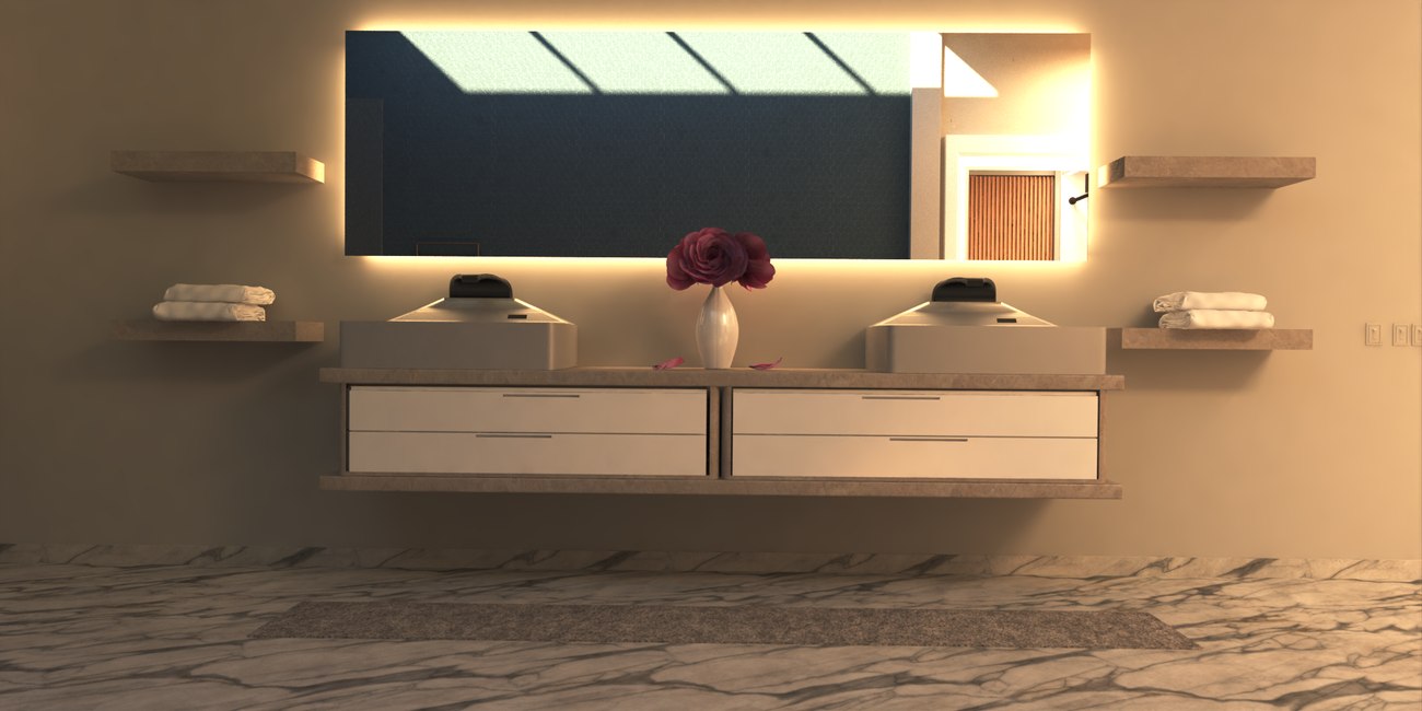 Baño, doble lavamanos con espejo retroiluminado