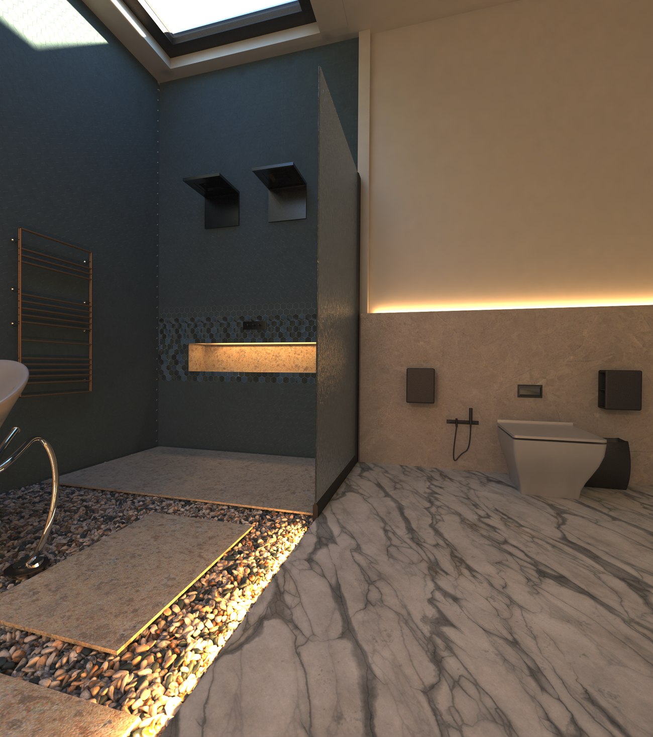 Baño, ducha abierta con tragaluz y zona de inodoro